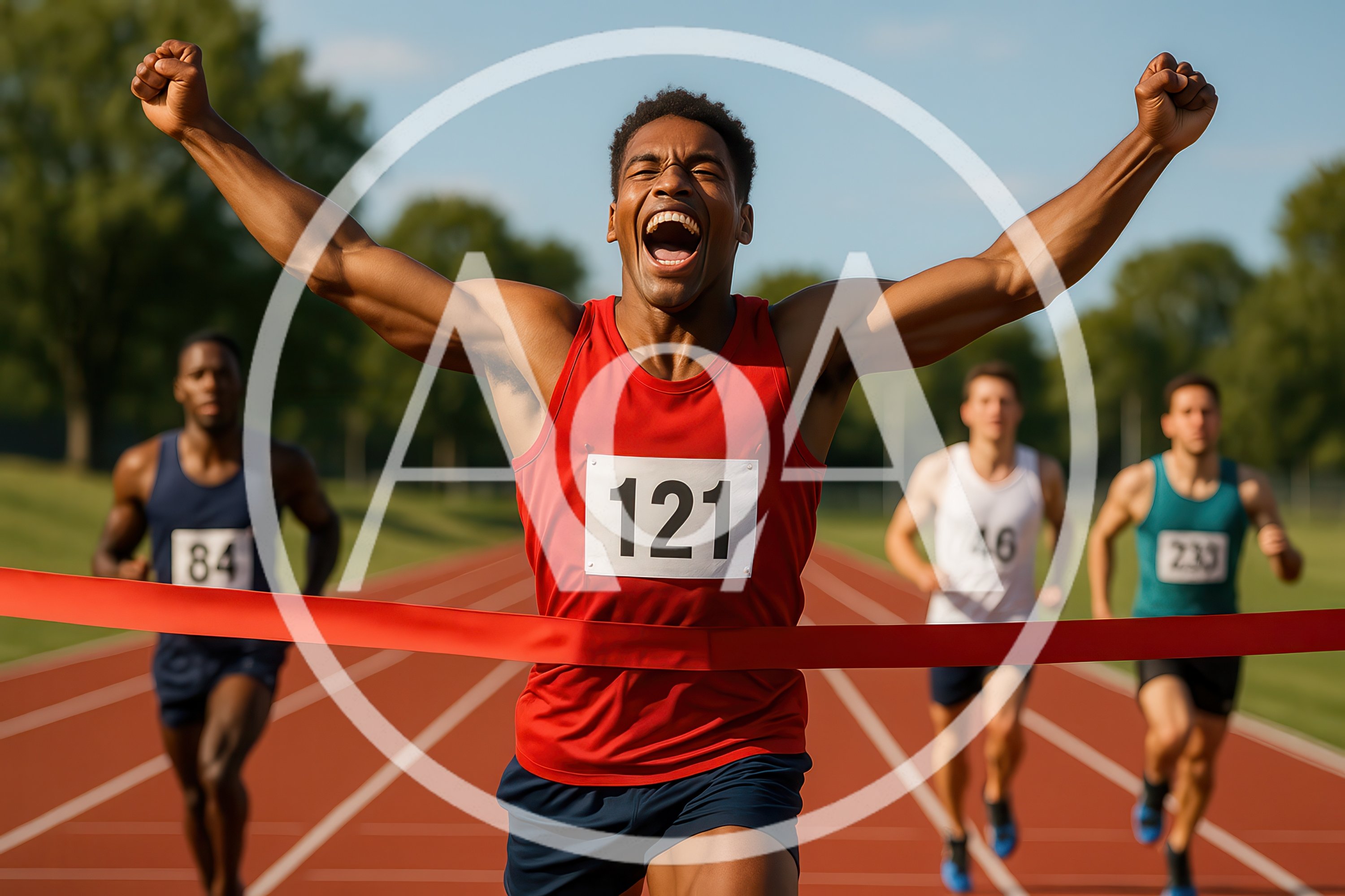 Male Sprinter Crossing Finish Line In Victory