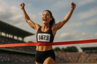 Female Athlete Crossing The Finish Line In Victory