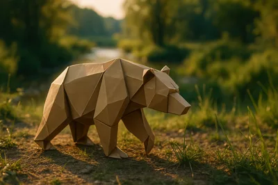 Low Poly Paper Bear Sculpture In Nature