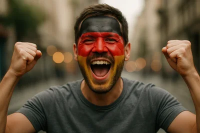Excited German Soccer Fan Cheering With Face Paint