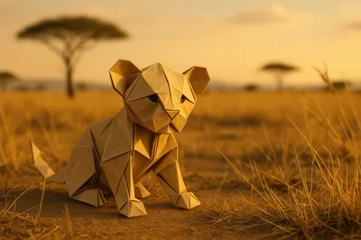 Origami Lion Cub Sitting In African Savanna