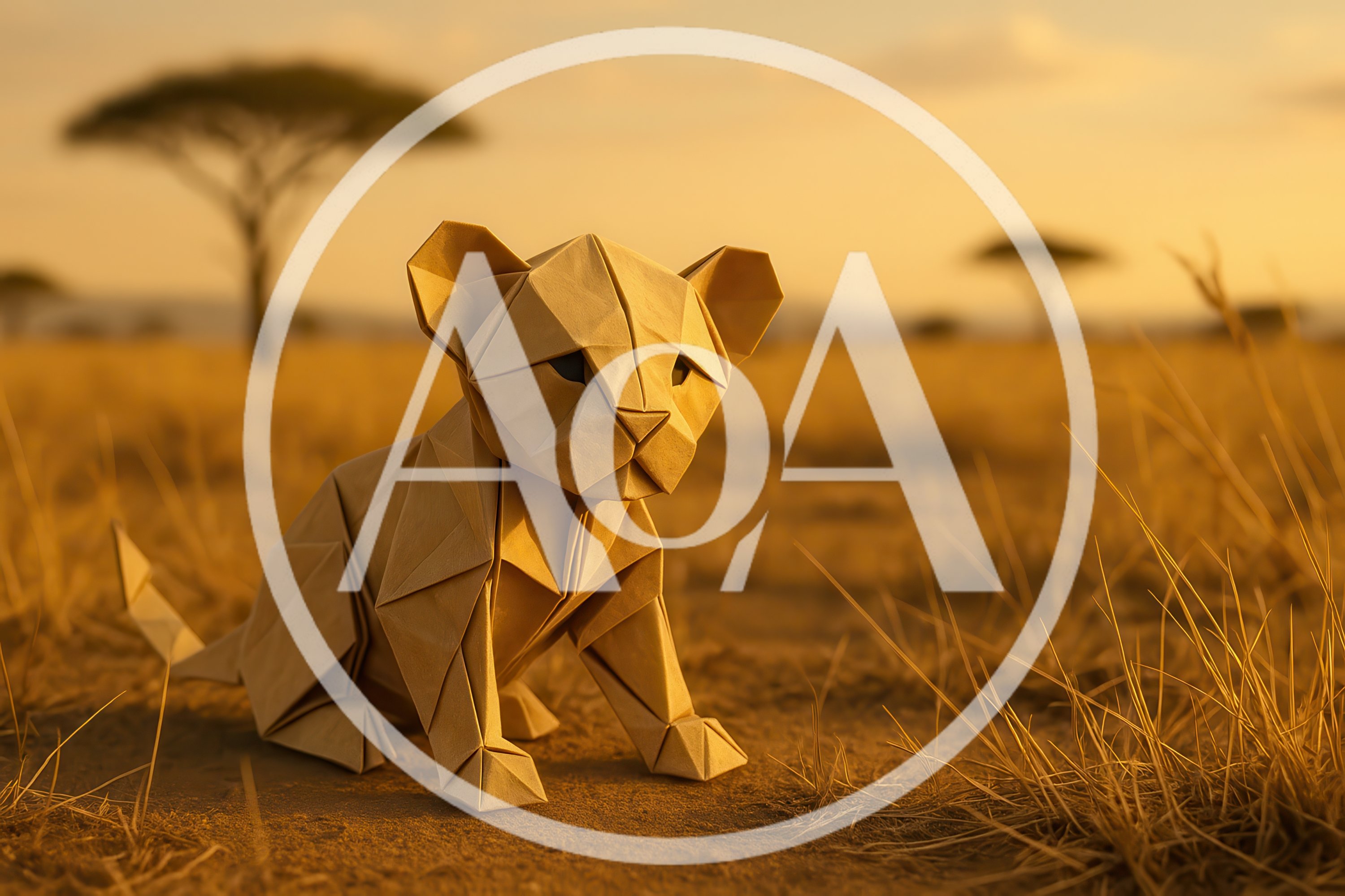 Origami Lion Cub Sitting In African Savanna
