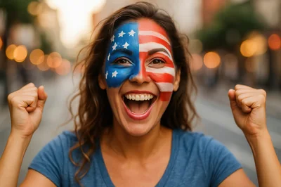 Excited Woman With American Flag Face Paint Celebrating