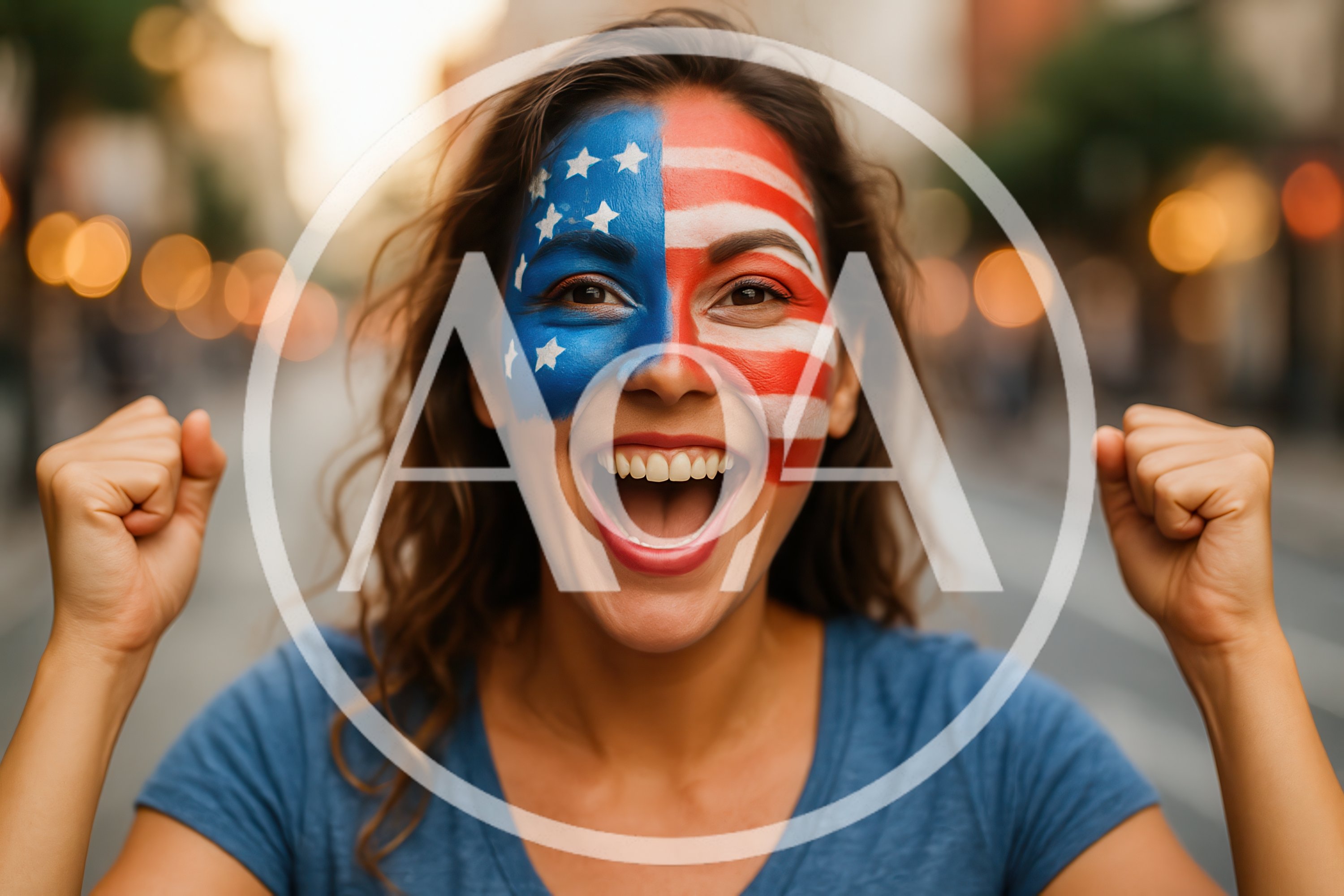 Excited Woman With American Flag Face Paint Celebrating