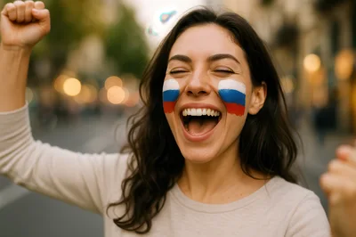 Excited Woman Celebrating With Russian Flag Face Paint