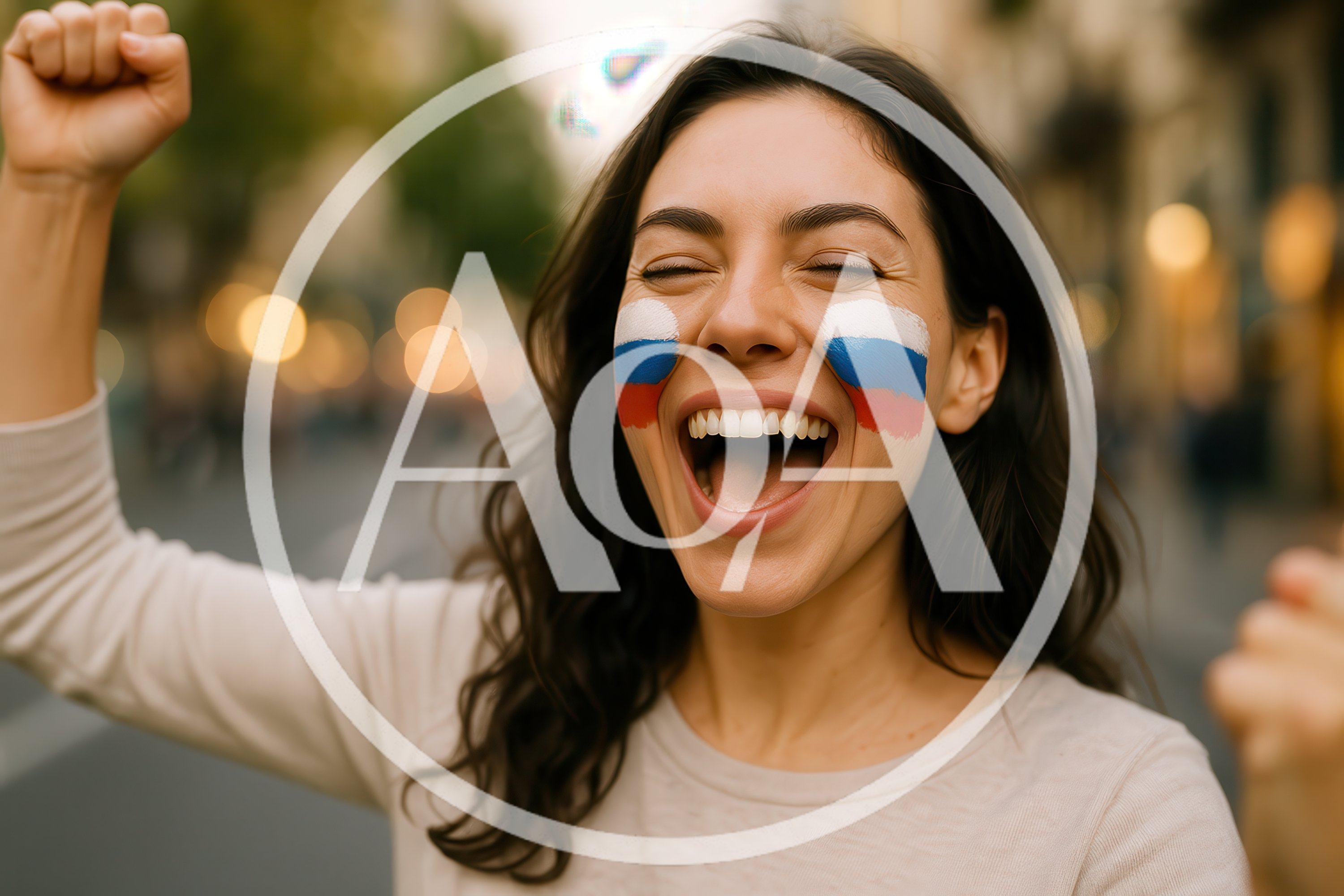 Excited Woman Celebrating With Russian Flag Face Paint