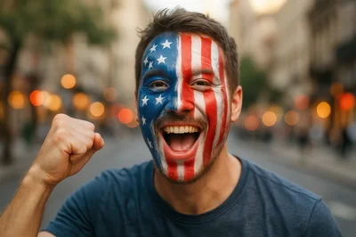 Excited Man With American Flag Face Paint Celebrating