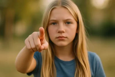 Young Girl Pointing Directly at Camera