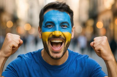 Excited Man With Ukrainian Flag Face Paint Celebrating