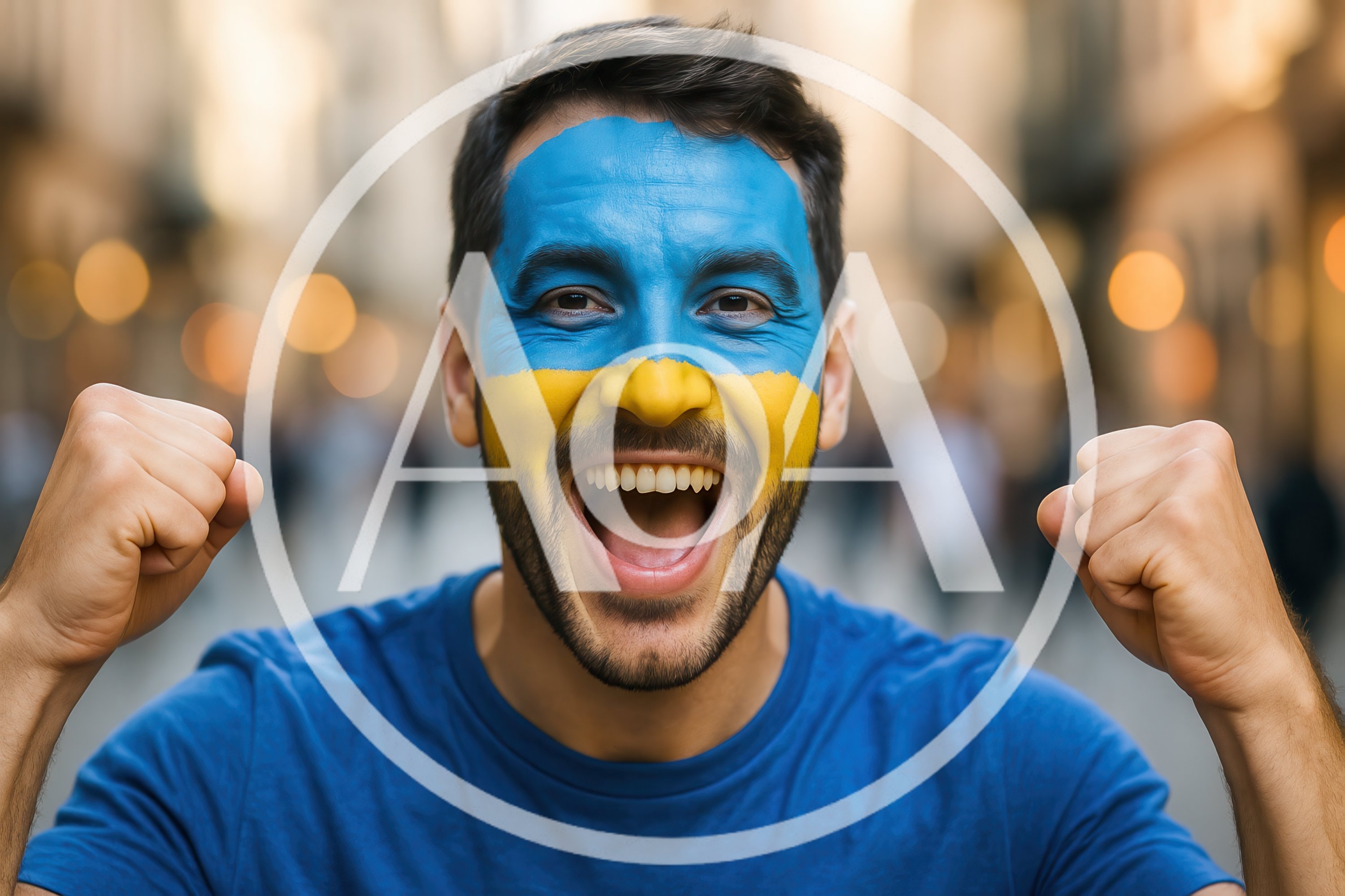 Excited Man With Ukrainian Flag Face Paint Celebrating