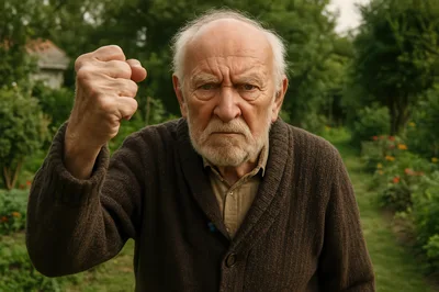Angry Elderly Man Shaking Fist Outdoors