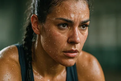 Sweaty Female Athlete Focused During Intense Workout
