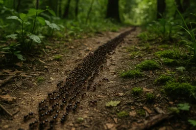 Large Colony Of Ants Marching Along A Forest Path