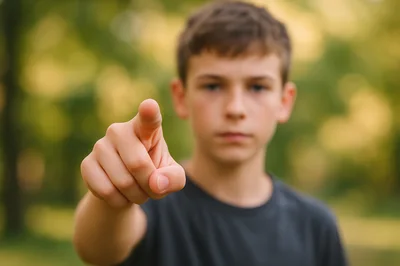 Young Boy Pointing Directly At The Camera
