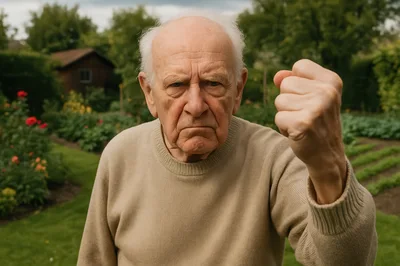 Angry Elderly Man Shaking Fist In Garden