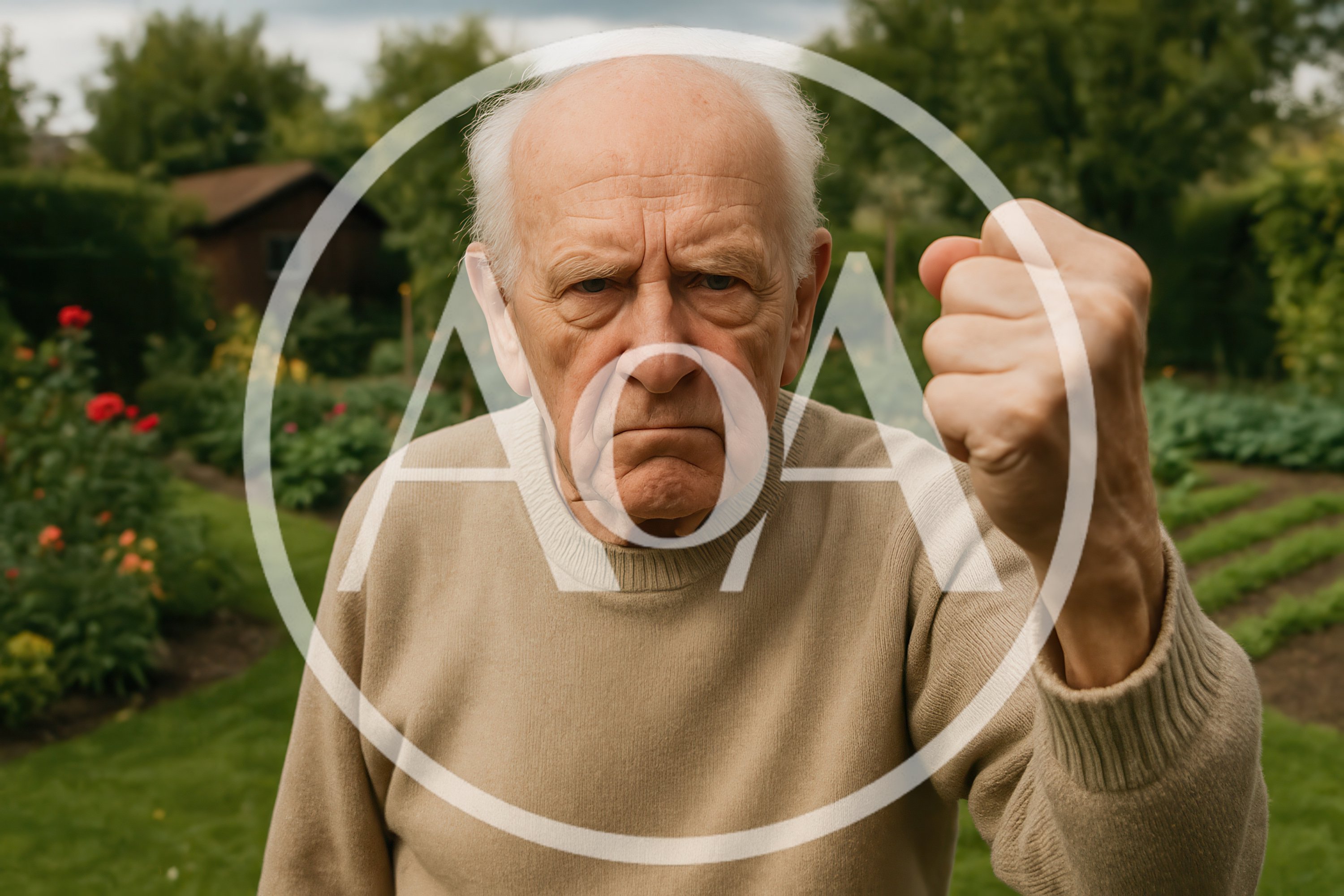 Angry Elderly Man Shaking Fist In Garden