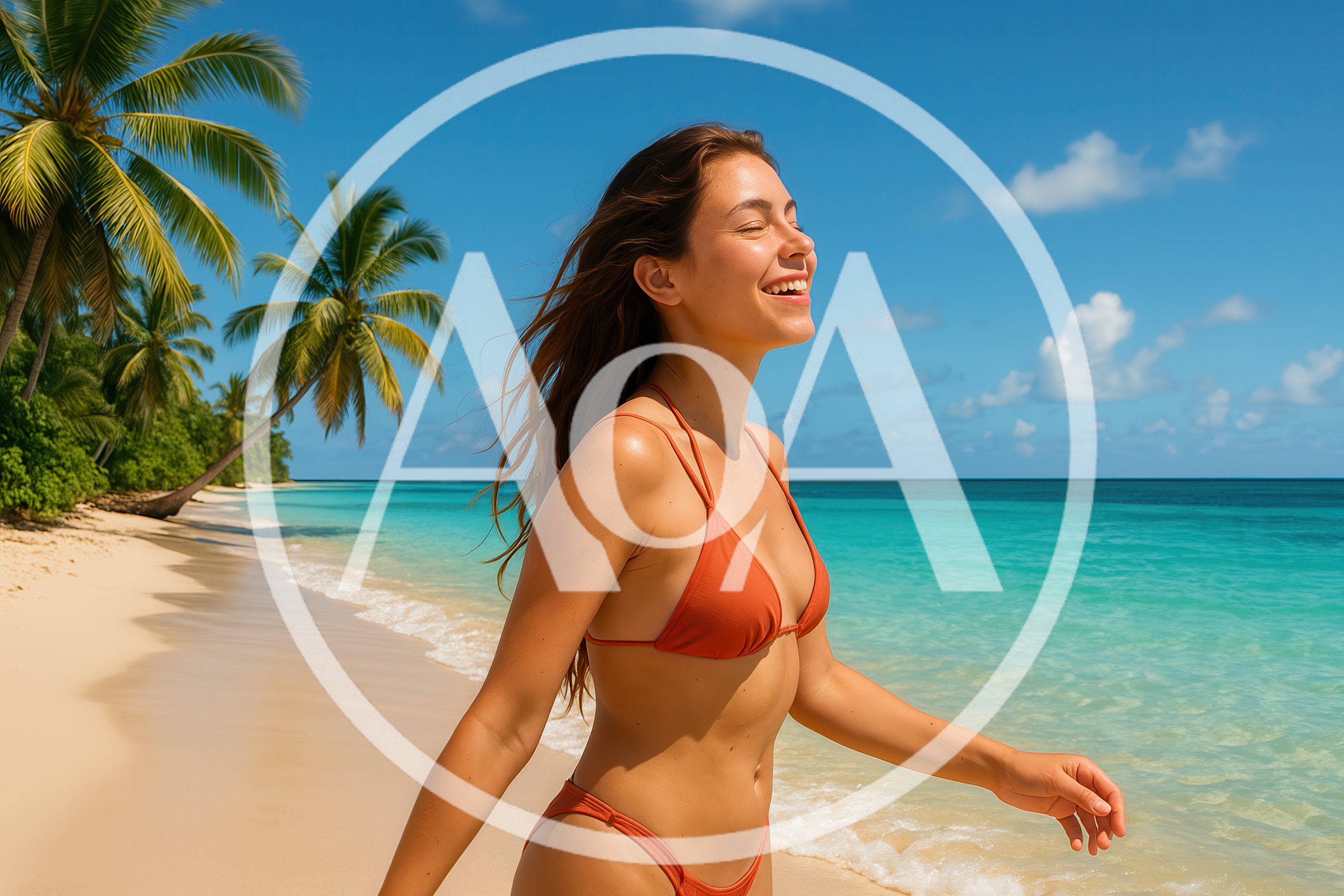Happy Woman Walking Along Tropical Beach