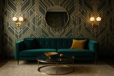 Art Deco Living Room With Emerald Velvet Sofa