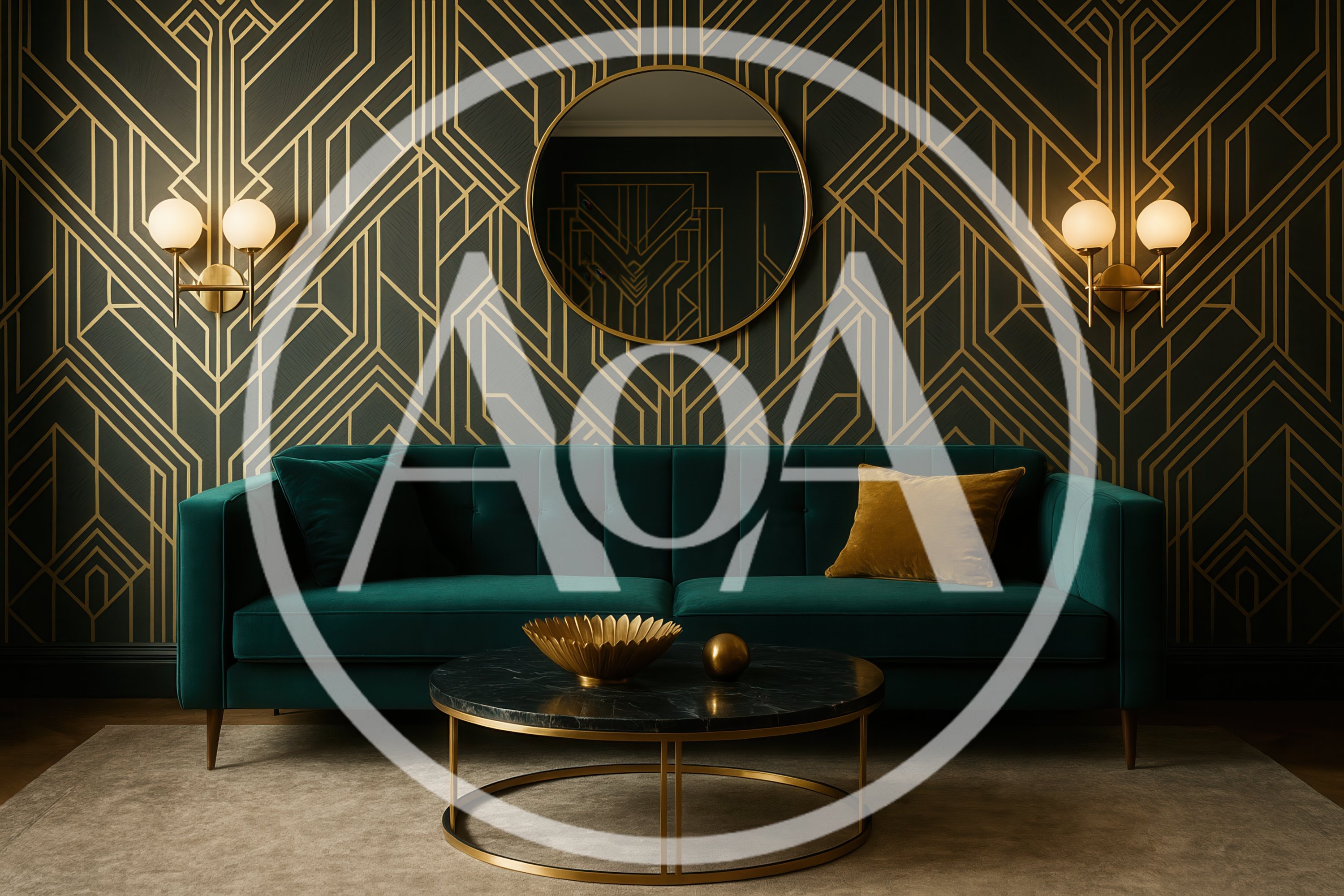 Art Deco Living Room With Emerald Velvet Sofa