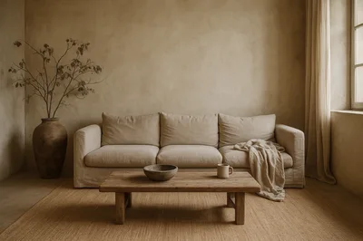 Minimalist Living Room With Beige Sofa And Wooden Table