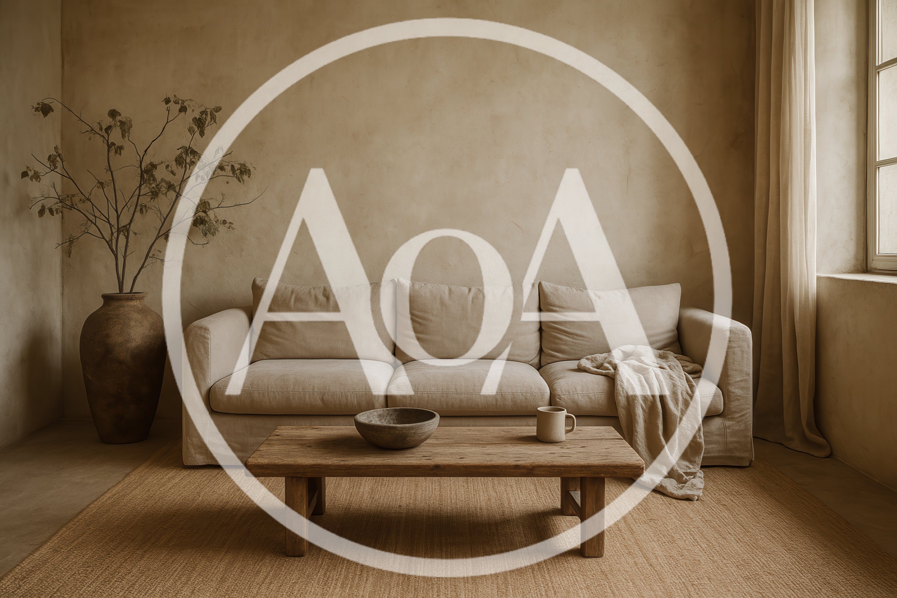 Minimalist Living Room With Beige Sofa And Wooden Table