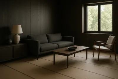 Minimalist Living Room With Dark Wood Paneling