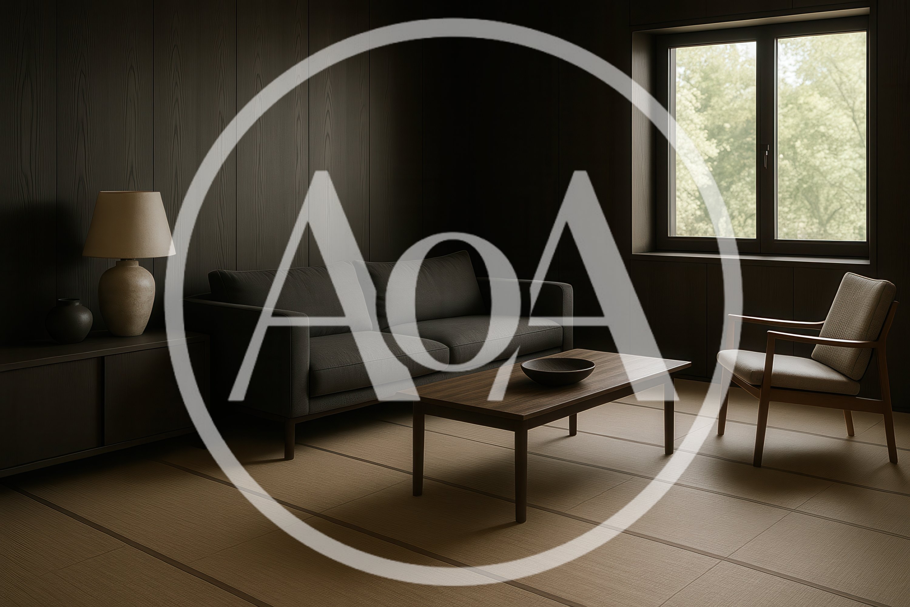Minimalist Living Room With Dark Wood Paneling