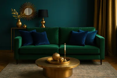 Modern Living Room With Emerald Green Velvet Sofa