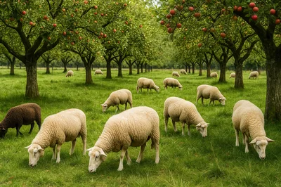 Flock of Sheep Grazing in an Apple Orchard