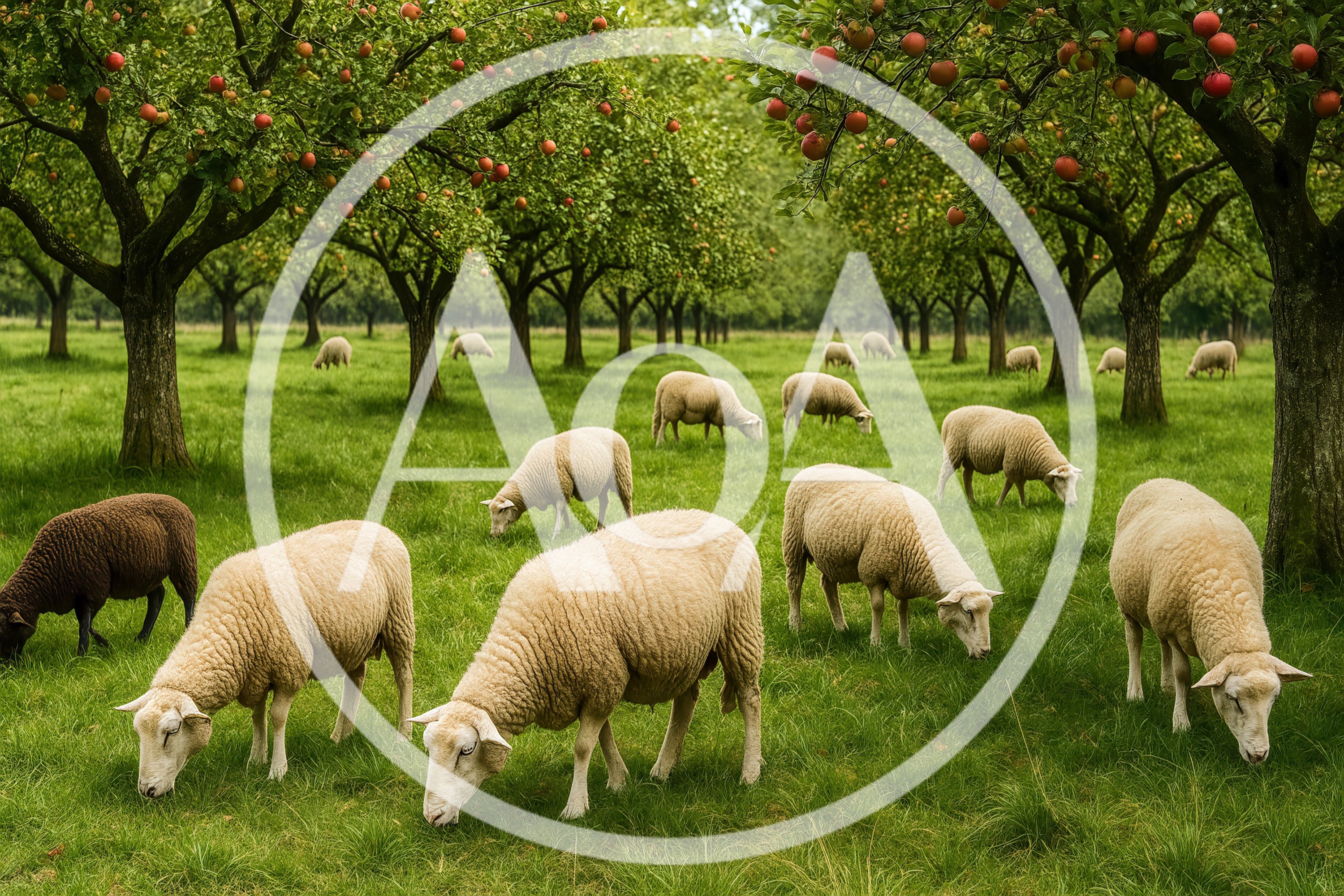 Flock of Sheep Grazing in an Apple Orchard