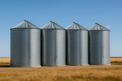 Four Large Metal Grain Silos In A Rural Field