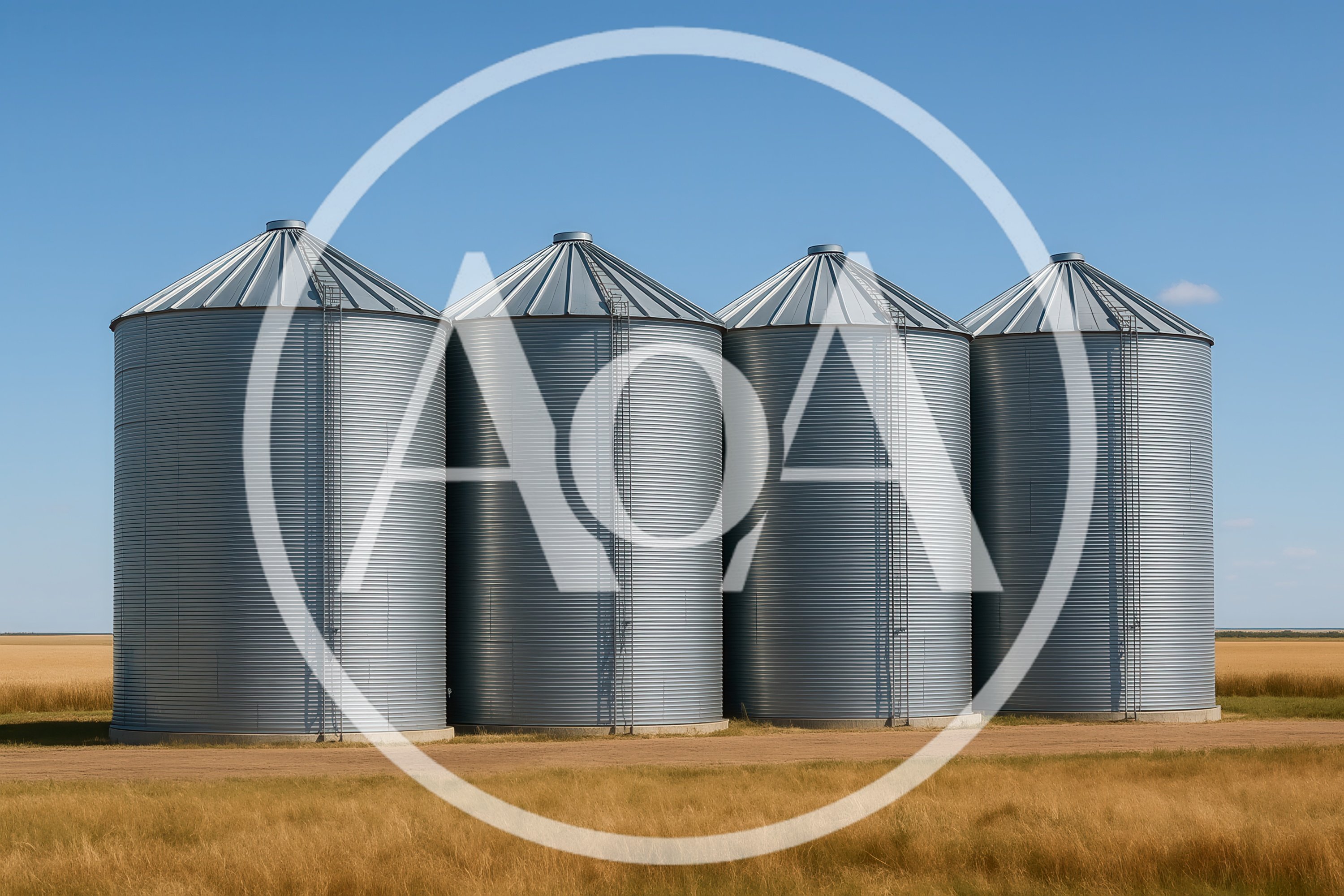 Four Large Metal Grain Silos In A Rural Field