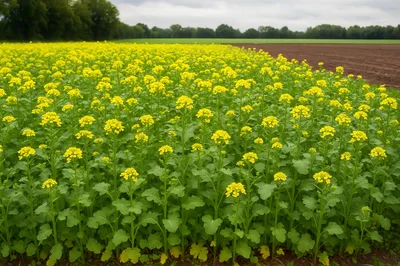 Blooming Yellow Rapeseed Field In Rural Landscape