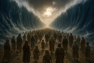 Biblical Scene Of Israelites Crossing The Parted Red Sea
