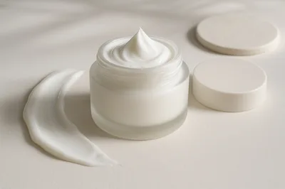 Open Jar Of White Face Cream With Swatch