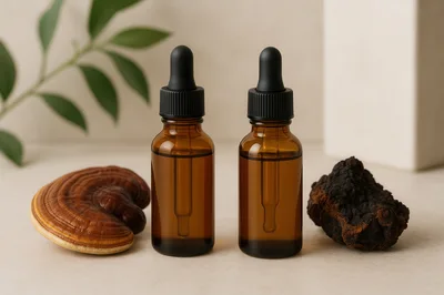 Two Amber Dropper Bottles With Medicinal Mushrooms