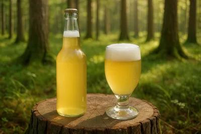 Beer Bottle and Glass on Tree Stump in Forest