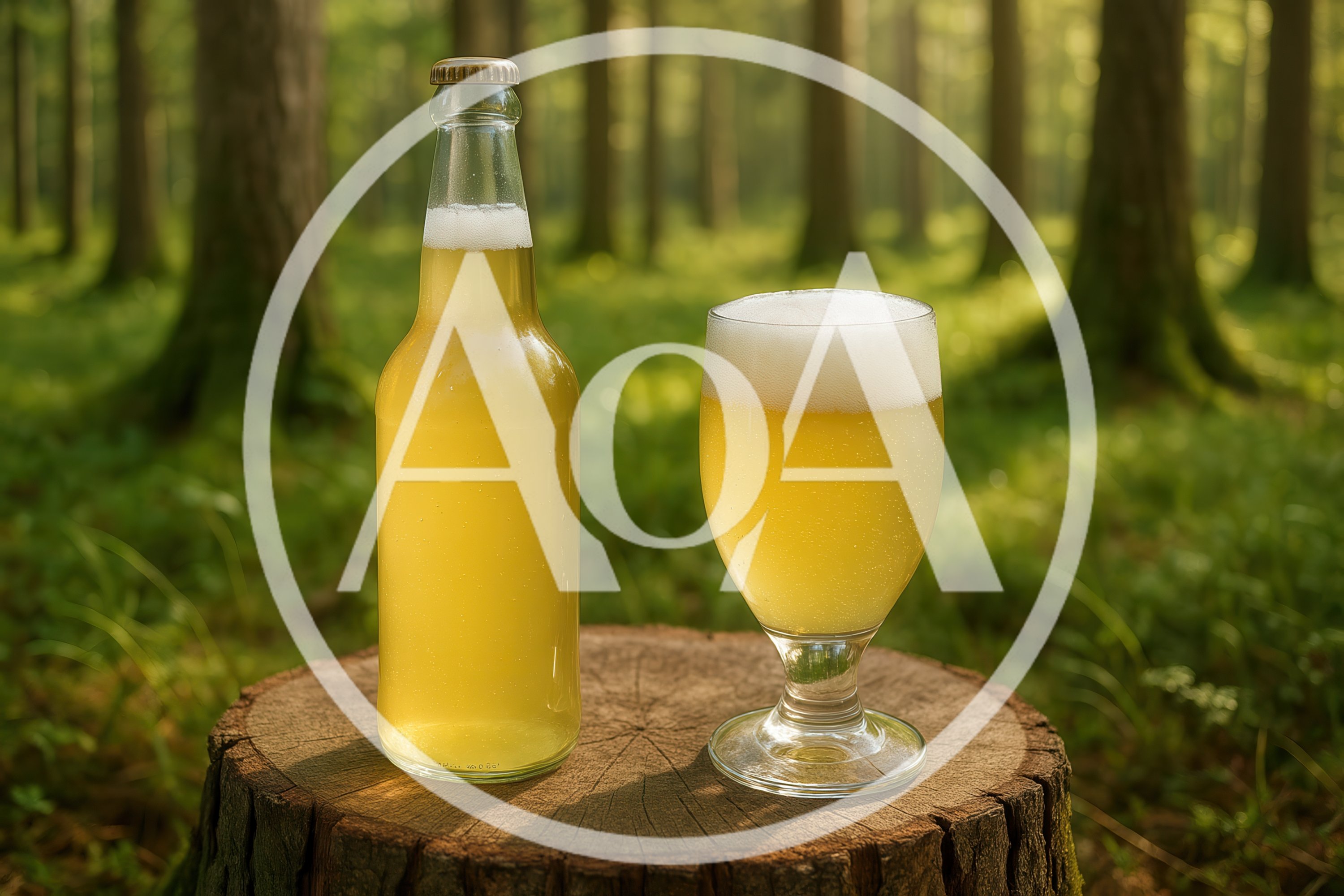 Beer Bottle and Glass on Tree Stump in Forest