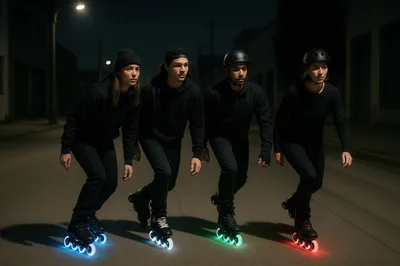 Group Of Rollerbladers Skating On City Street At Night