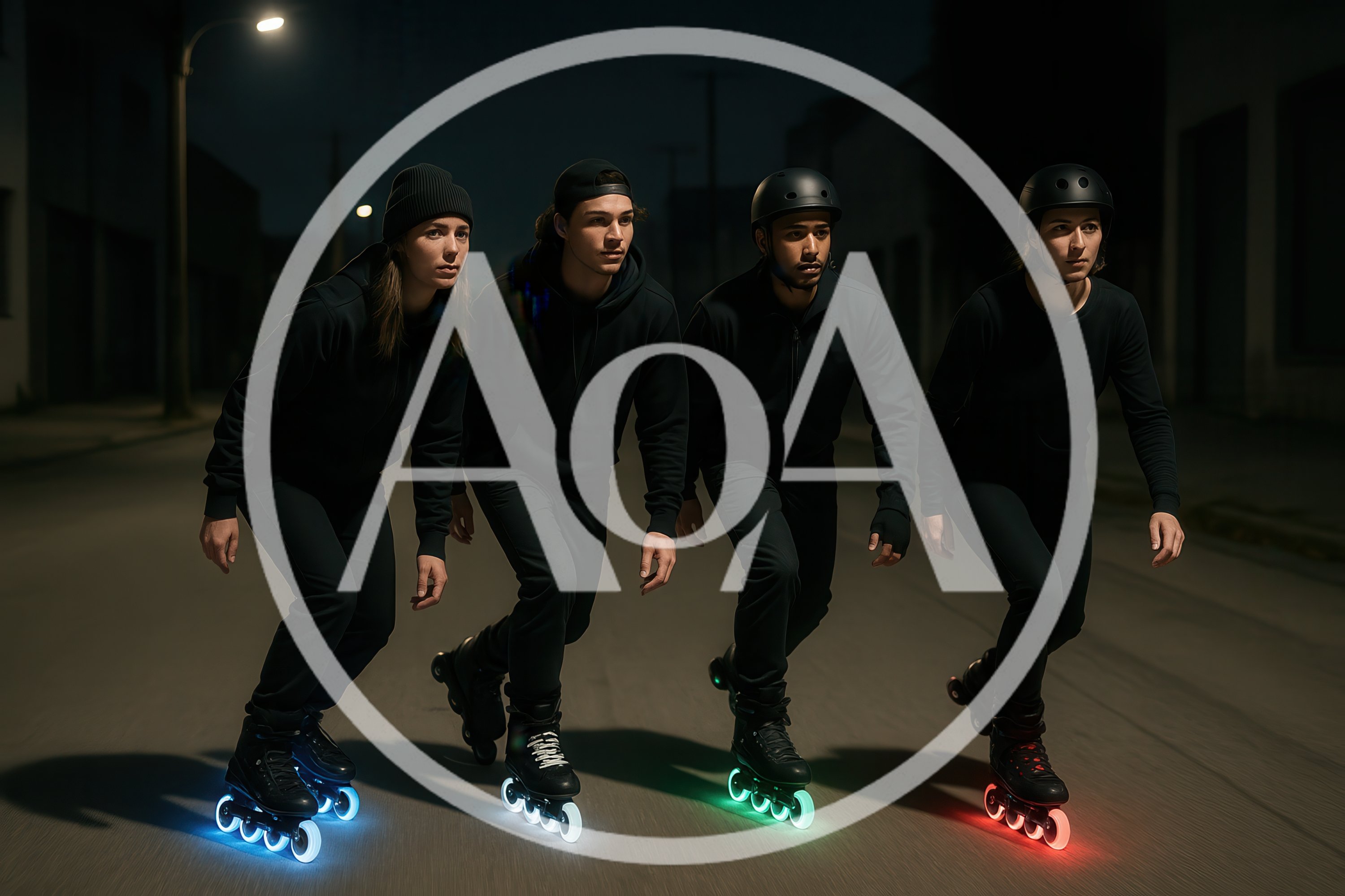 Group Of Rollerbladers Skating On City Street At Night