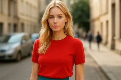 Portrait Of A Young Blonde Woman In Red Shirt
