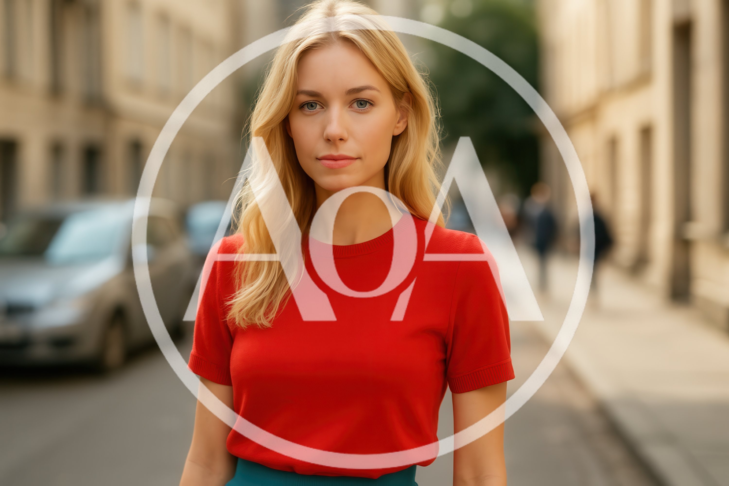 Portrait Of A Young Blonde Woman In Red Shirt