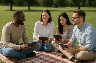 Diverse Friends Using Tablets Together In A Park