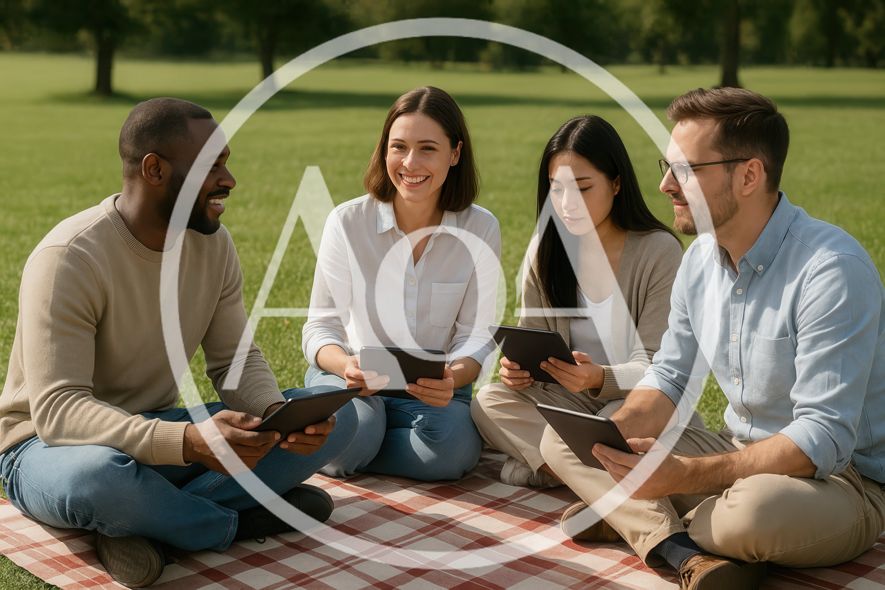 Diverse Friends Using Tablets Together In A Park