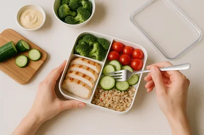 Person Eating Healthy Meal Prep Lunch From Container