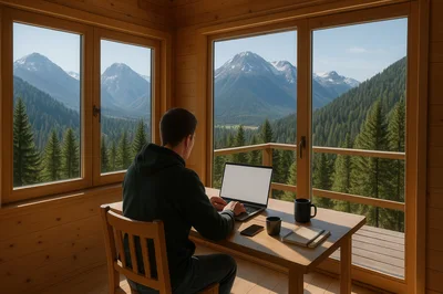Man Working On Laptop In Mountain Cabin