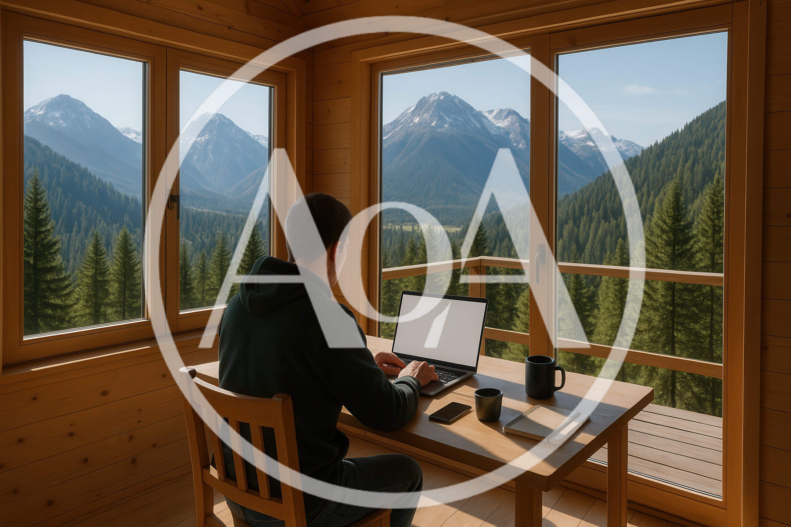 Man Working On Laptop In Mountain Cabin