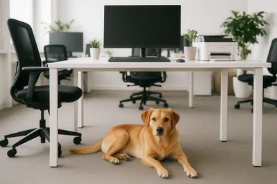 Golden Retriever Dog Resting Under Office Desk