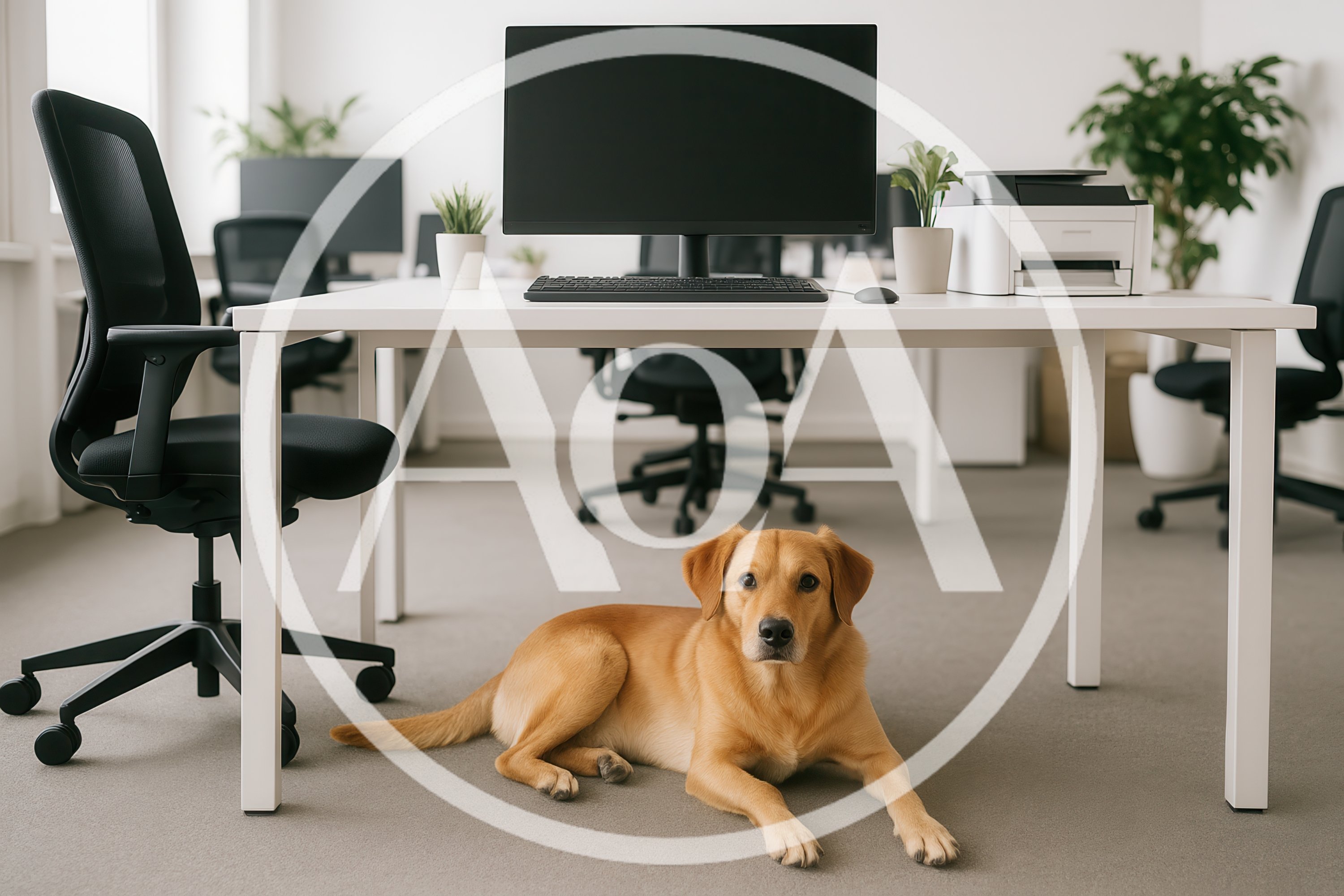 Golden Retriever Dog Resting Under Office Desk