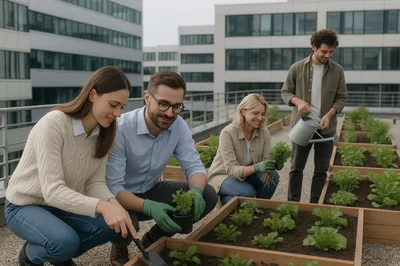 Diverse Team Gardening Together On Urban Rooftop